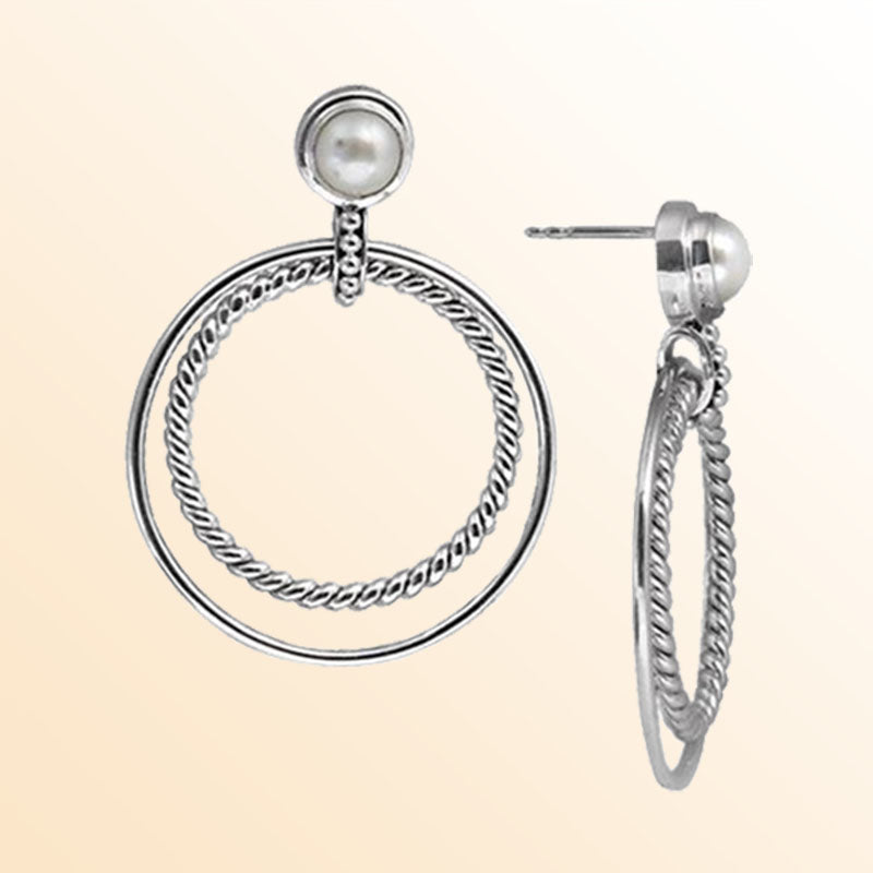 Handcrafted Sterling Silver earrings with Fresh Water Pearl featuring rope-edge double hoop design and polished finish.