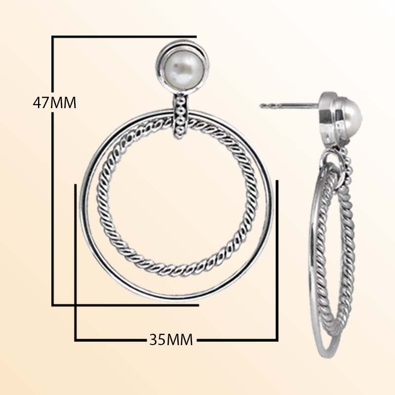 Handcrafted Sterling Silver earrings with Fresh Water Pearl featuring rope-edge double hoop design and polished finish.