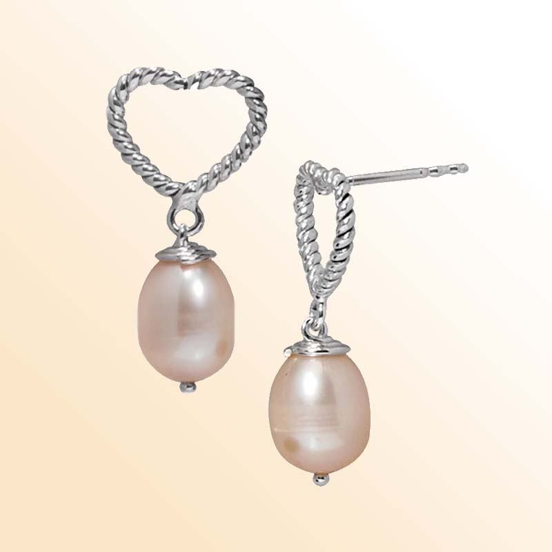 Handcrafted Sterling Silver earrings with Pink Pearl featuring rope-textured heart design and polished finish.