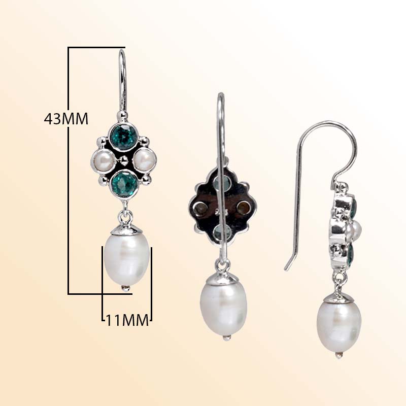 Handcrafted Sterling Silver earrings with Fresh Water Pearl and Green Quartz featuring a floral design and polished finish.
