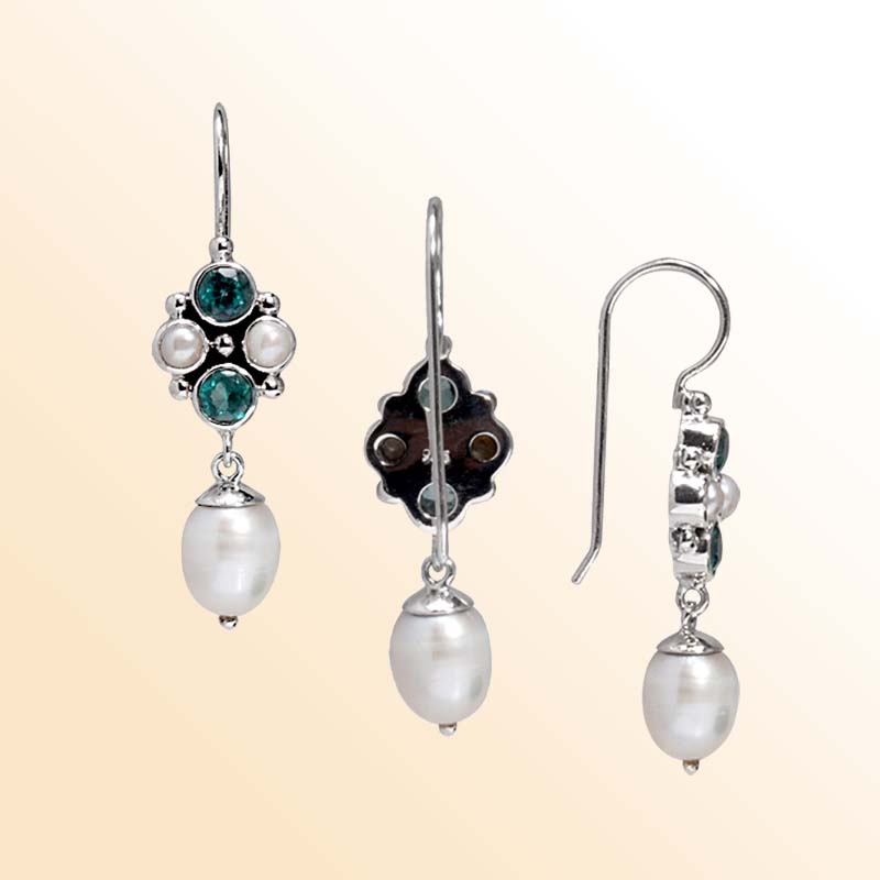 Handcrafted Sterling Silver earrings with Fresh Water Pearl and Green Quartz featuring a floral design and polished finish.