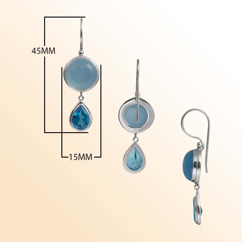 Handcrafted Sterling Silver earrings with Blue Chalcedony Quartz and Blue Topaz Quartz featuring polished dual-stone bezel design.