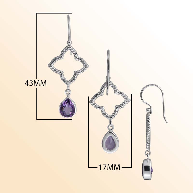 Handcrafted Sterling Silver earrings with Amethyst Quartz featuring twisted rope diamond frame and teardrop design.