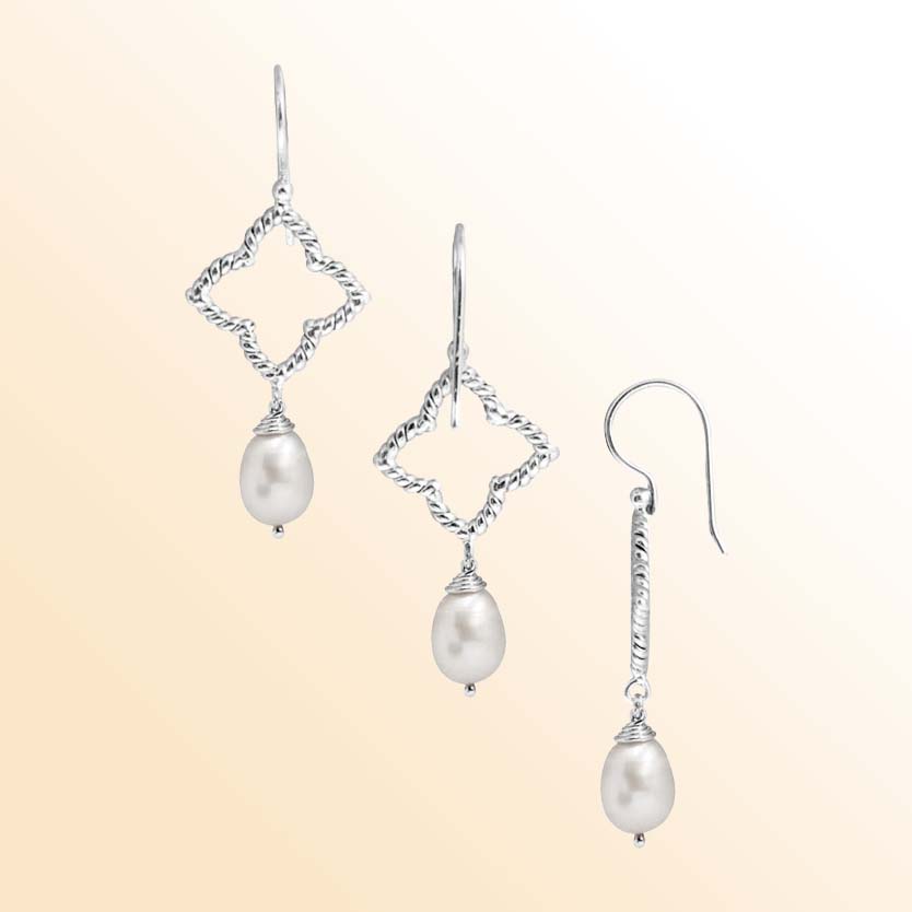 Handcrafted Sterling Silver earrings with Pearl featuring twisted rope diamond frame and drop design.