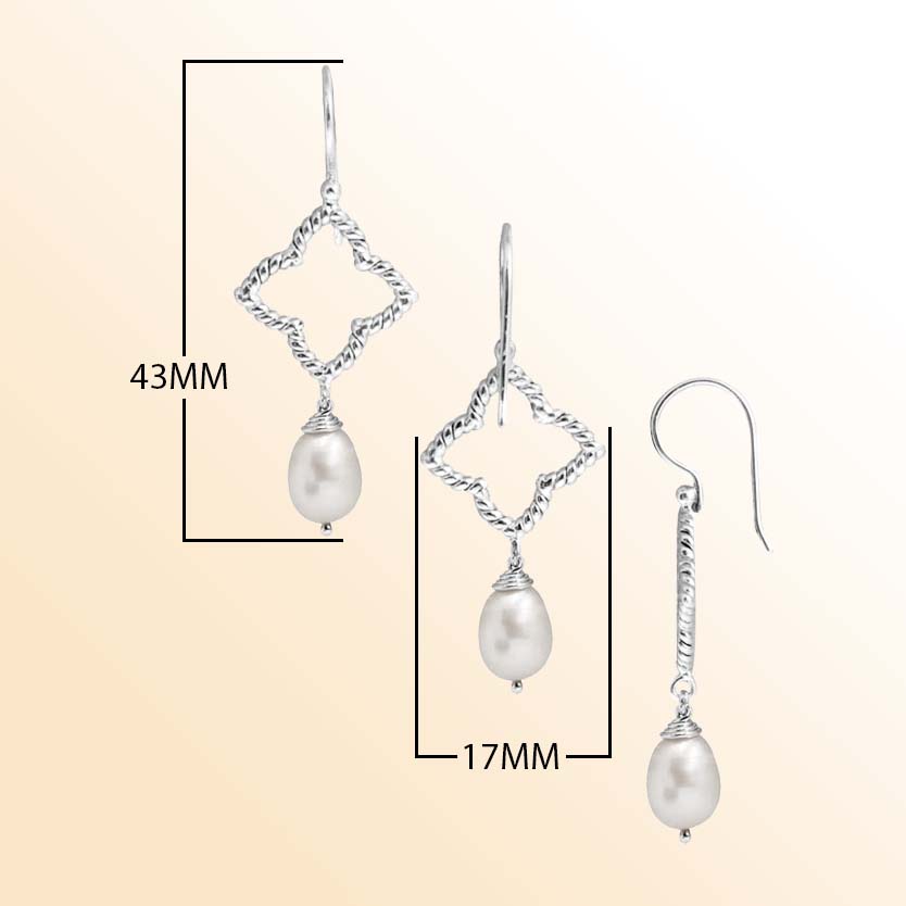 Handcrafted Sterling Silver earrings with Pearl featuring twisted rope diamond frame and drop design.