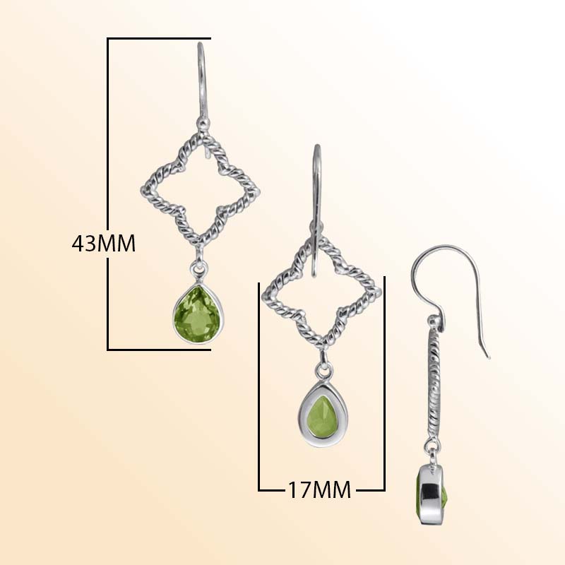 Handcrafted Sterling Silver earrings with Peridot Quartz featuring twisted rope diamond frame and teardrop design.