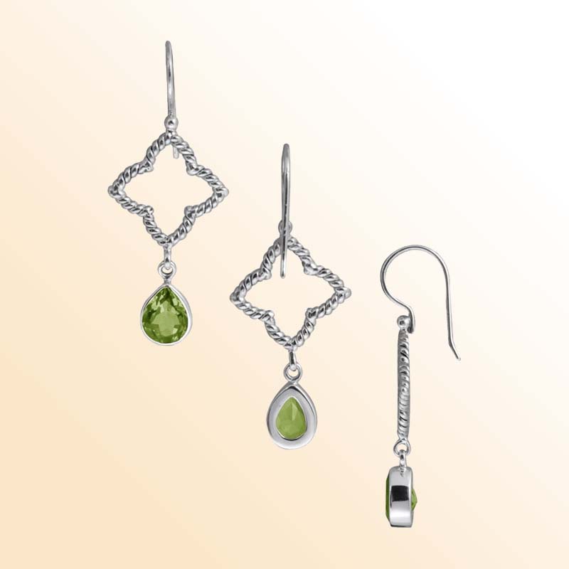 Handcrafted Sterling Silver earrings with Peridot Quartz featuring twisted rope diamond frame and teardrop design.
