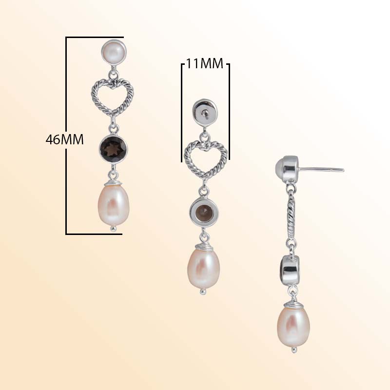 Handcrafted Sterling Silver earrings with Fresh Water Pearl and Smoky Quartz featuring rope heart design and polished finish.