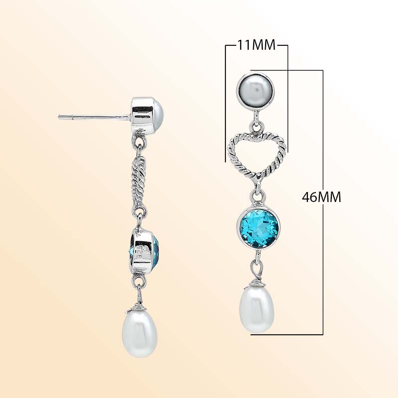 Handcrafted Sterling Silver earrings with Fresh Water Pearl and Blue Topaz Quartz featuring rope heart design and polished finish.