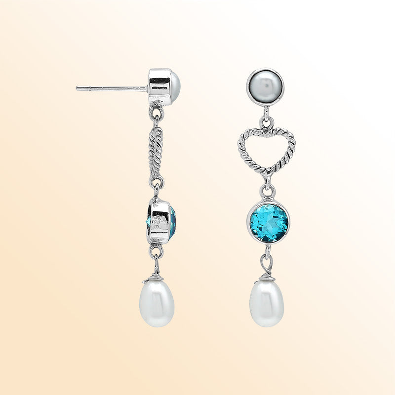 Handcrafted Sterling Silver earrings with Fresh Water Pearl and Blue Topaz Quartz featuring rope heart design and polished finish.