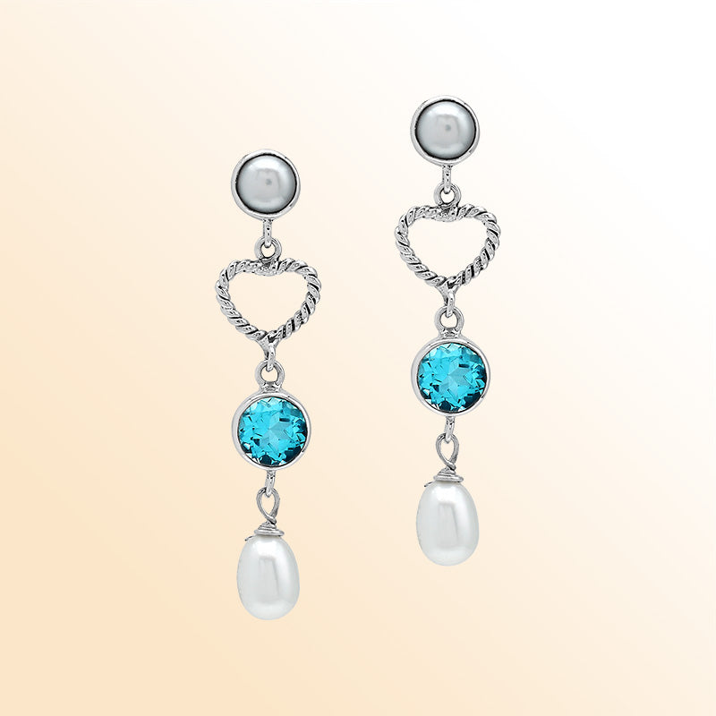 Handcrafted Sterling Silver earrings with Fresh Water Pearl and Blue Topaz Quartz featuring rope heart design and polished finish.