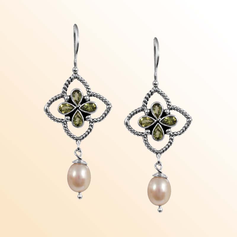 Handcrafted Sterling Silver earrings with Fresh Water Pearl and Peridot featuring rope frame design and polished finish.