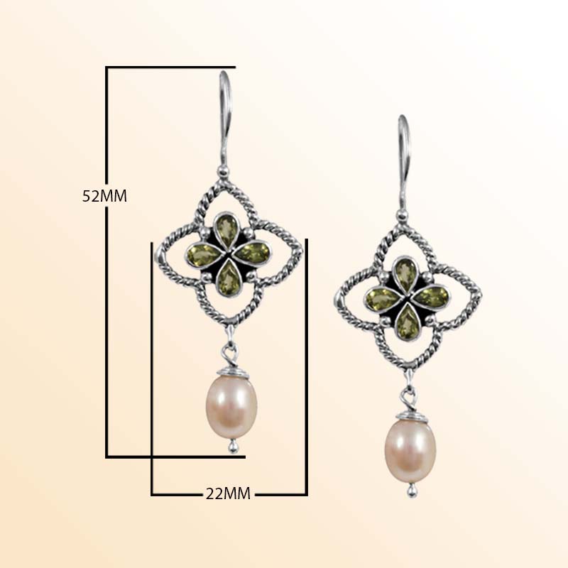 Handcrafted Sterling Silver earrings with Fresh Water Pearl and Peridot featuring rope frame design and polished finish.