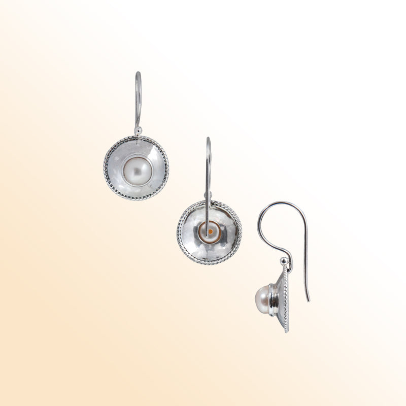 Handcrafted Sterling Silver Pearl round dome earrings with hammered finish and rope border design.