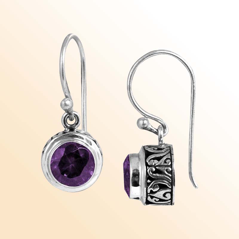 Handcrafted Sterling Silver Amethyst Quartz round drop earrings with Balinese carvings and polished finish.