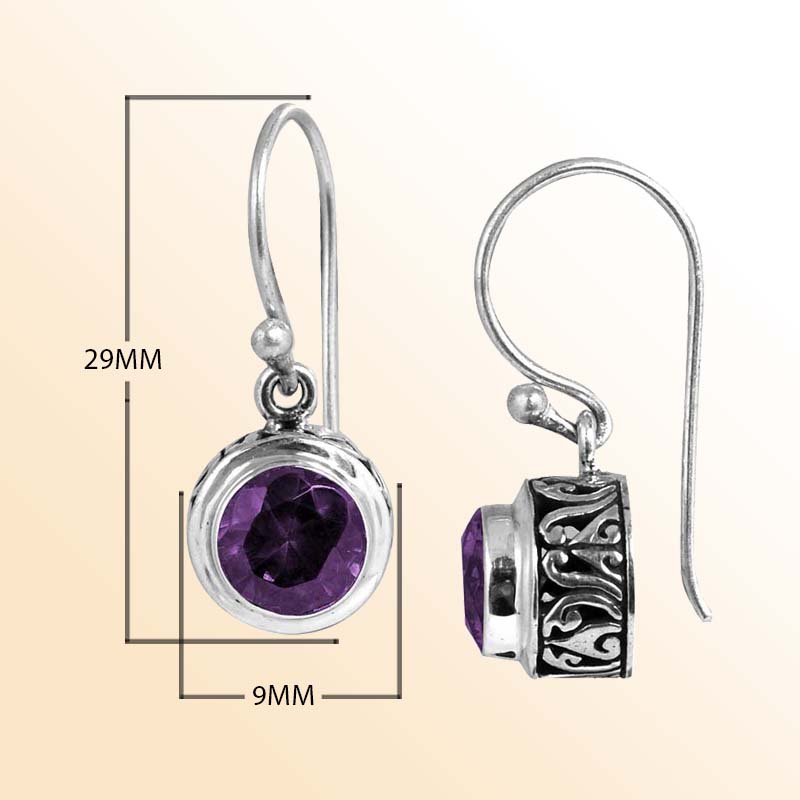 Handcrafted Sterling Silver Amethyst Quartz round drop earrings with Balinese carvings and polished finish.