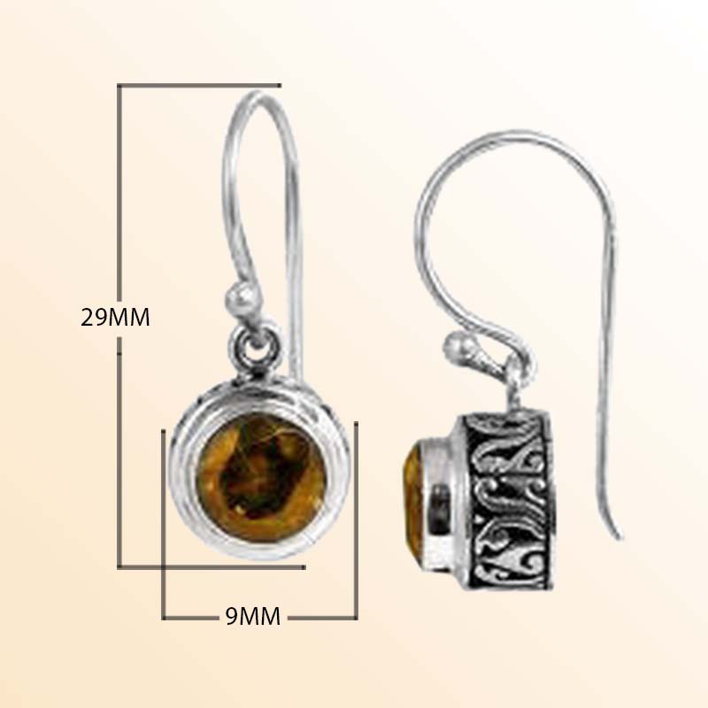 Handcrafted Sterling Silver Citrine Quartz round earrings with Balinese carvings and polished finish.