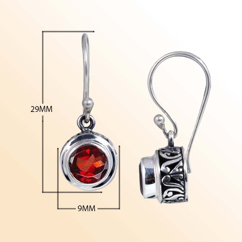 Elegant sterling silver round-shaped Garnet earrings with ornamental detailing and earwire lock, polished for refined shine and modern sophisticated jewelry appeal.