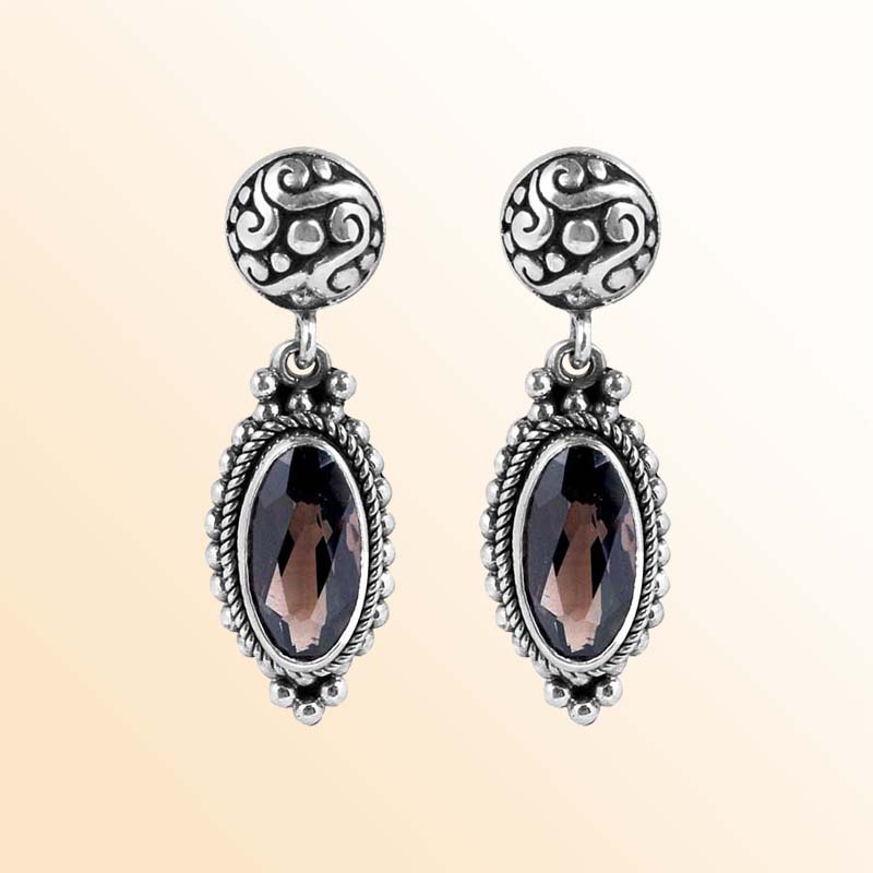 Handcrafted Sterling Silver Smoky Quartz Oval Earrings With Vintage Balinese Elegance