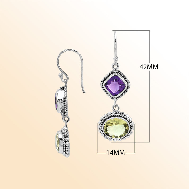 Sterling silver drop earrings with purple Amethyst Quartz and Lemon Luartz, handmade with Bali-inspired detailing for women.