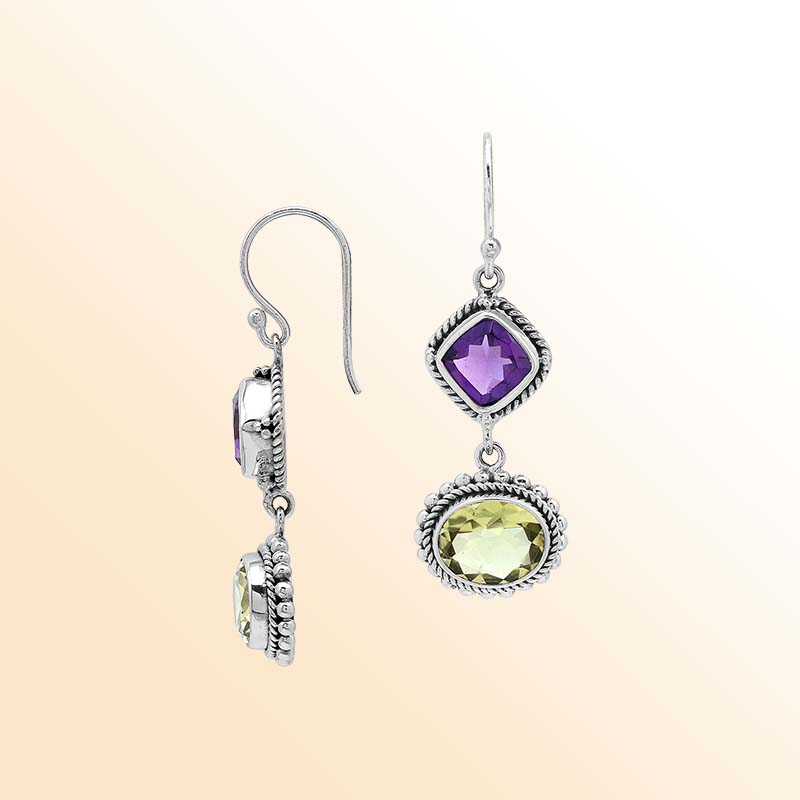 Sterling silver drop earrings with purple Amethyst Quartz and Lemon Luartz, handmade with Bali-inspired detailing for women.