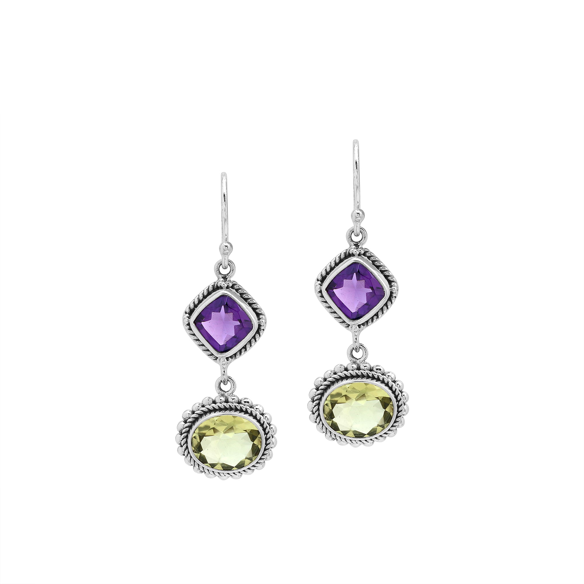 Sterling silver drop earrings with purple Amethyst Quartz and Lemon Luartz, handmade with Bali-inspired detailing for women.