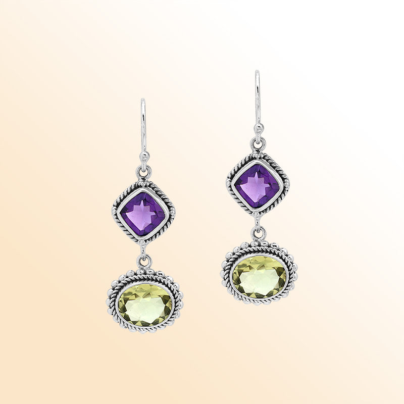 Sterling silver drop earrings with purple Amethyst Quartz and Lemon Luartz, handmade with Bali-inspired detailing for women.