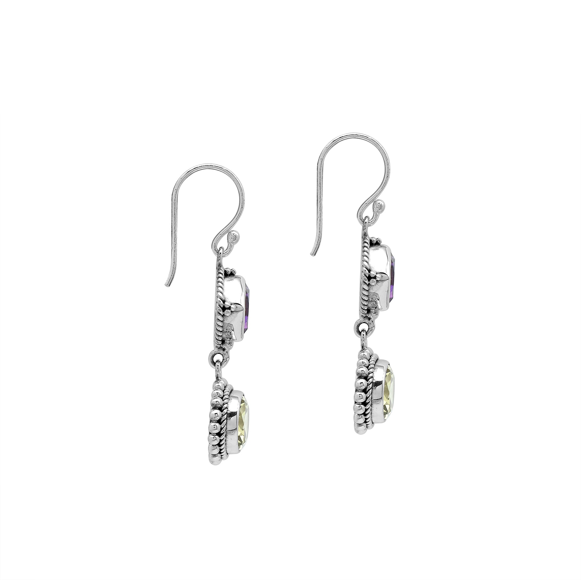 Sterling silver drop earrings with purple Amethyst Quartz and Lemon Luartz, handmade with Bali-inspired detailing for women.