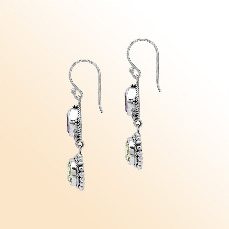 Sterling silver drop earrings with purple Amethyst Quartz and Lemon Luartz, handmade with Bali-inspired detailing for women.