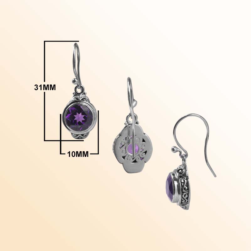 Handcrafted Sterling Silver Amethyst Quartz Round Hook Earrings With Balinese Detailing