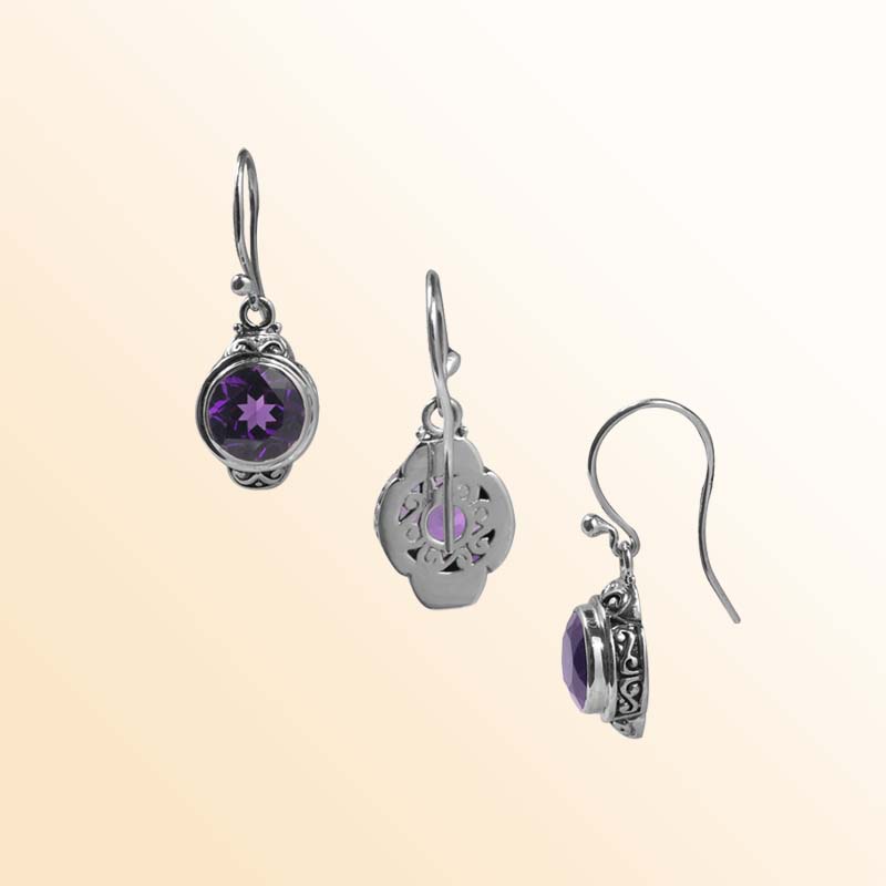 Handcrafted Sterling Silver Amethyst Quartz Round Hook Earrings With Balinese Detailing