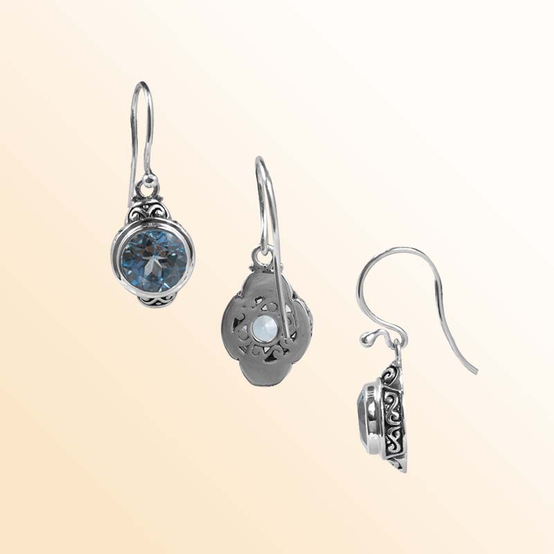 Handcrafted Sterling Silver Blue Topaz Quartz Round Hook Earrings With Balinese Design