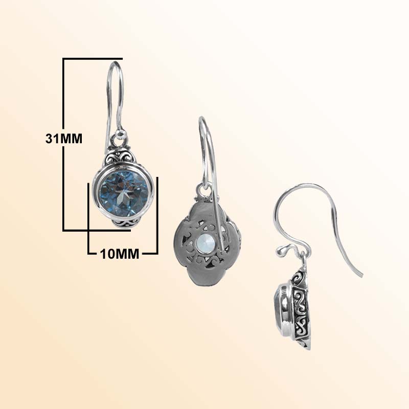 Handcrafted Sterling Silver Blue Topaz Quartz Round Hook Earrings With Balinese Design
