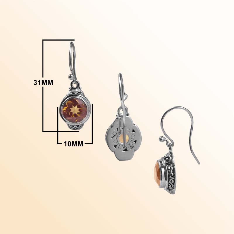 Handcrafted Sterling Silver Citrine Quartz Round Hook Earrings With Balinese Design