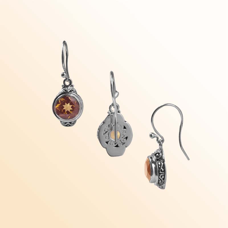 Sterling Silver Citrine Quartz Round Earrings With Balinese Detailing