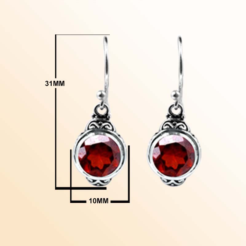 Handcrafted Sterling Silver Garnet Quartz Round Hook Earrings With Balinese Design