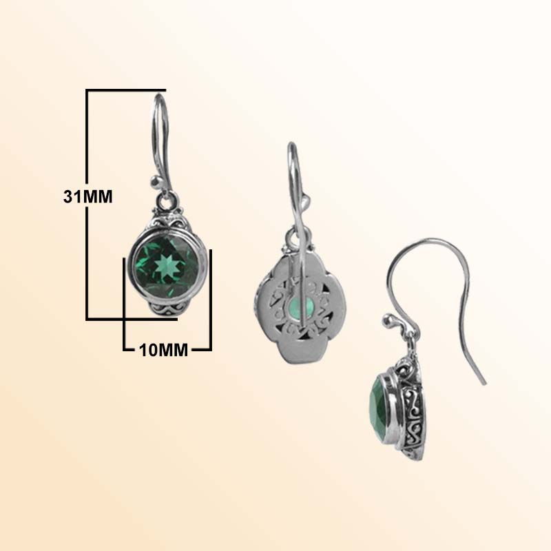 Handcrafted Sterling Silver Green Quartz Round Hook Earrings With Balinese Design