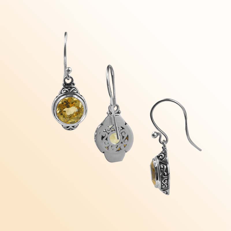 Handcrafted Sterling Silver Lemon Quartz Round Hook Earrings With Balinese Detailing