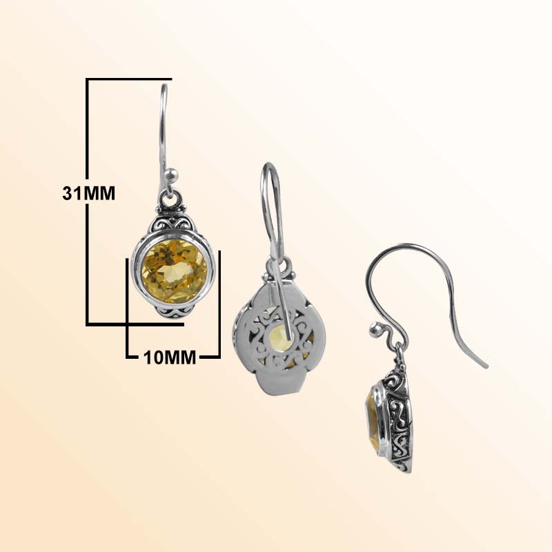 Handcrafted Sterling Silver Lemon Quartz Round Hook Earrings With Balinese Detailing