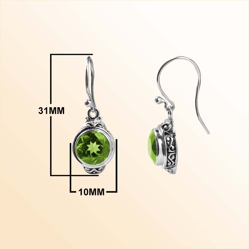 Elegant sterling silver round-shaped Peridot Quartz earrings with artistic side detailing and earwire lock, polished for modern elegance and timeless jewelry charm.
