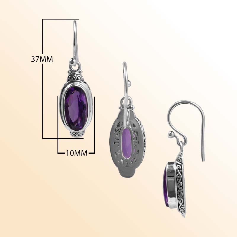 Handcrafted Sterling Silver Amethyst Quartz Oval Serenity Earrings With Balinese Design