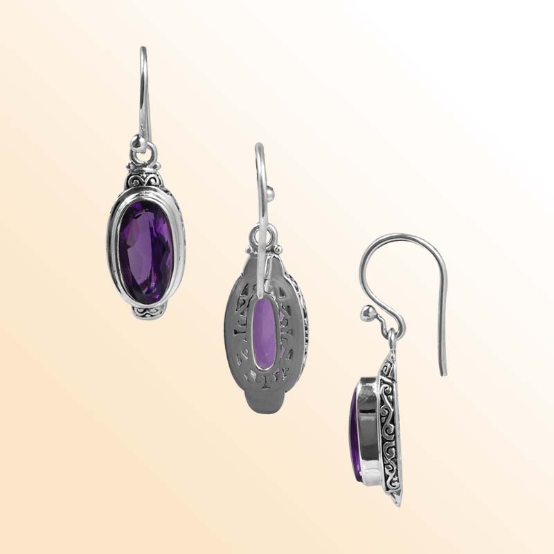 Handcrafted Sterling Silver Amethyst Quartz Oval Serenity Earrings With Balinese Design