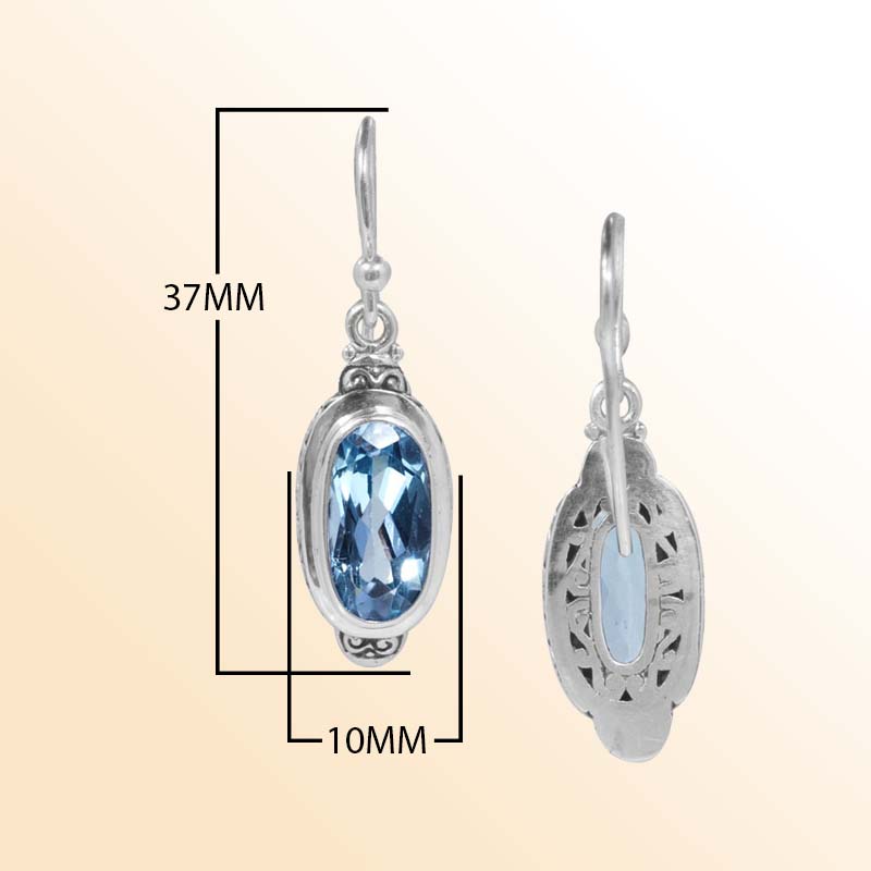 Handcrafted Sterling Silver Blue Topaz Quartz Oval Ocean Earrings With Balinese Design