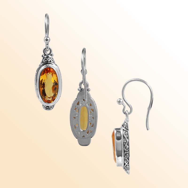 Handcrafted Sterling Silver Citrine Quartz Oval Glow Earrings With Balinese Design