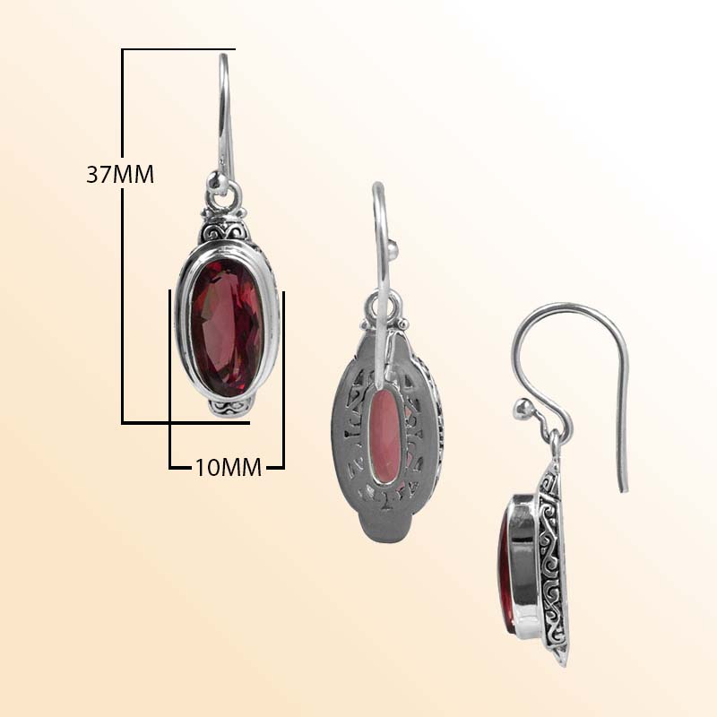 Handcrafted Sterling Silver Garnet Quartz Oval Passion Earrings With Balinese Design