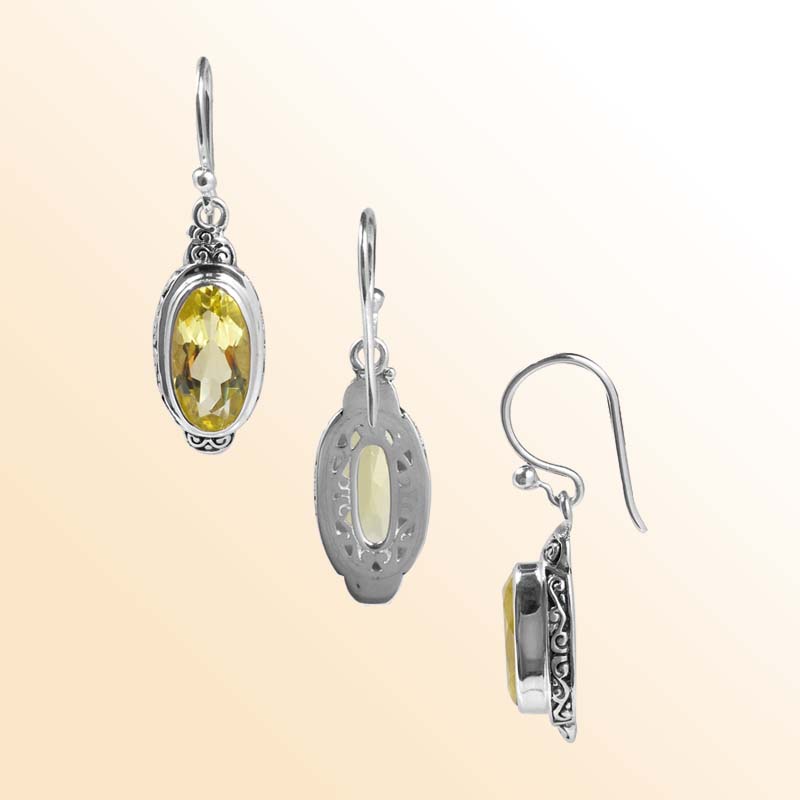 Handcrafted Sterling Silver Lemon Quartz Oval Sunshine Earrings With Balinese Design