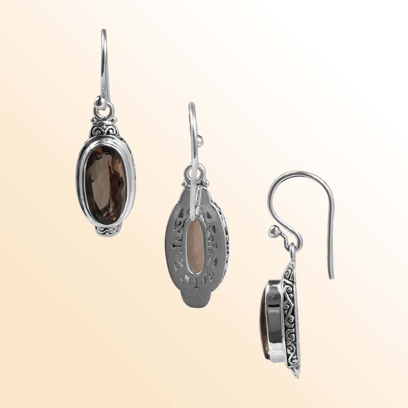 Handcrafted Sterling Silver Smoky Quartz Oval Essence Earrings With Balinese Design