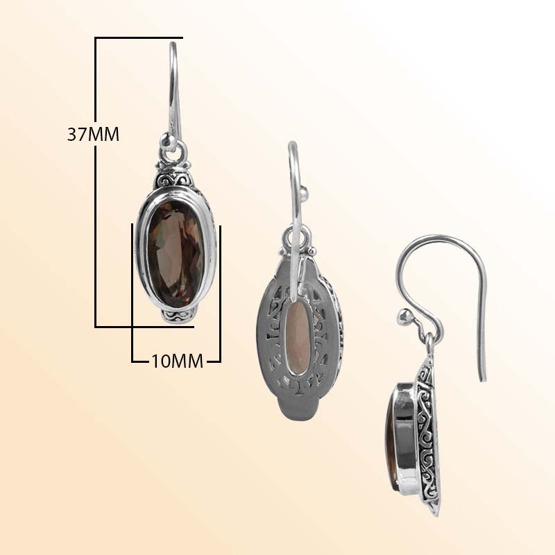 Handcrafted Sterling Silver Smoky Quartz Oval Essence Earrings With Balinese Design