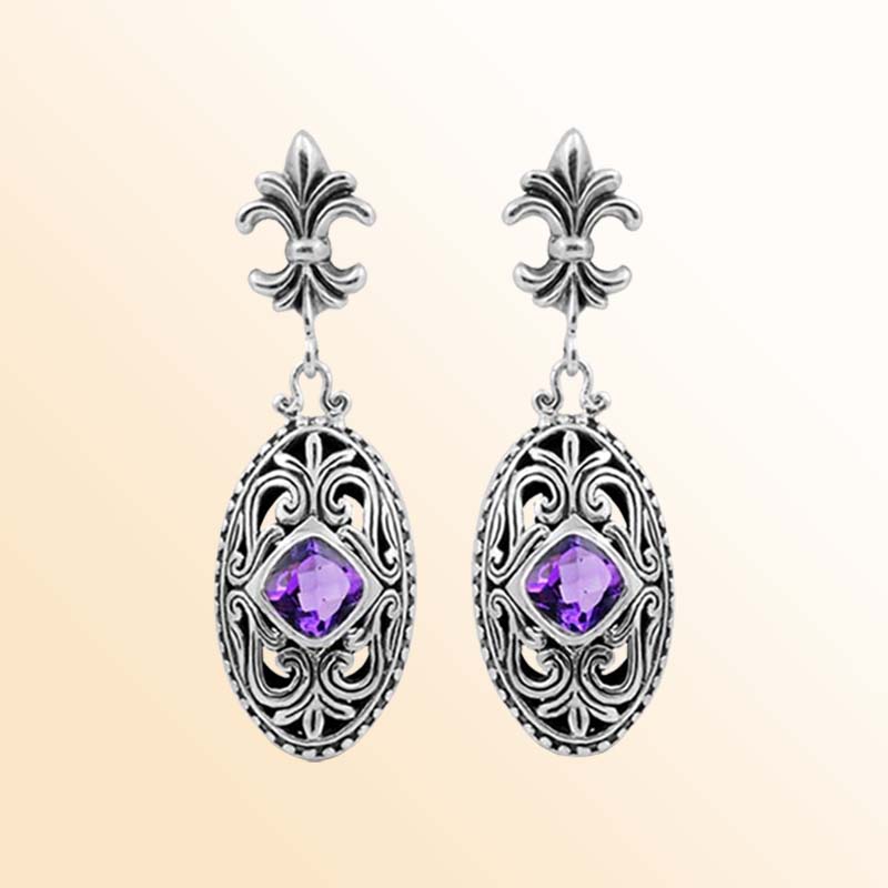 Handcrafted Sterling Silver Amethyst Quartz Hoop Earrings With Balinese Design