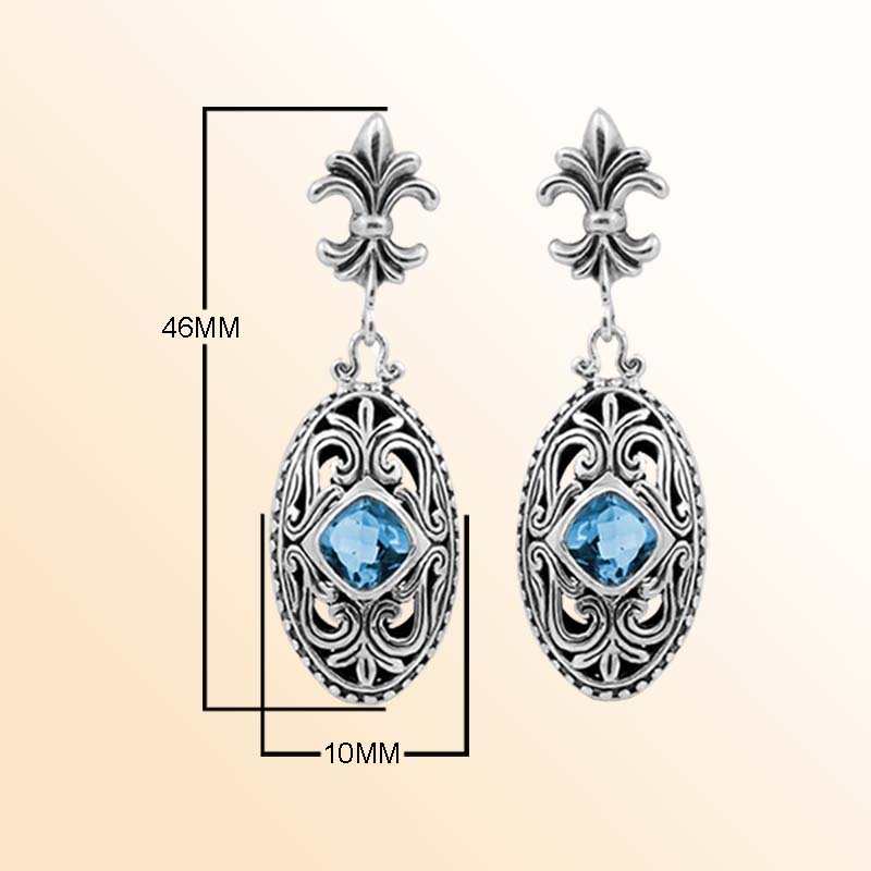 Handcrafted Sterling Silver Blue Topaz Quartz Scroll Drop Earrings With Balinese Design